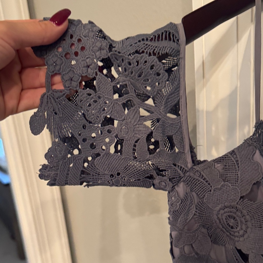 Saylor Mandy Blue Lace Off-Shoulder Romper - Picture 5 of 9